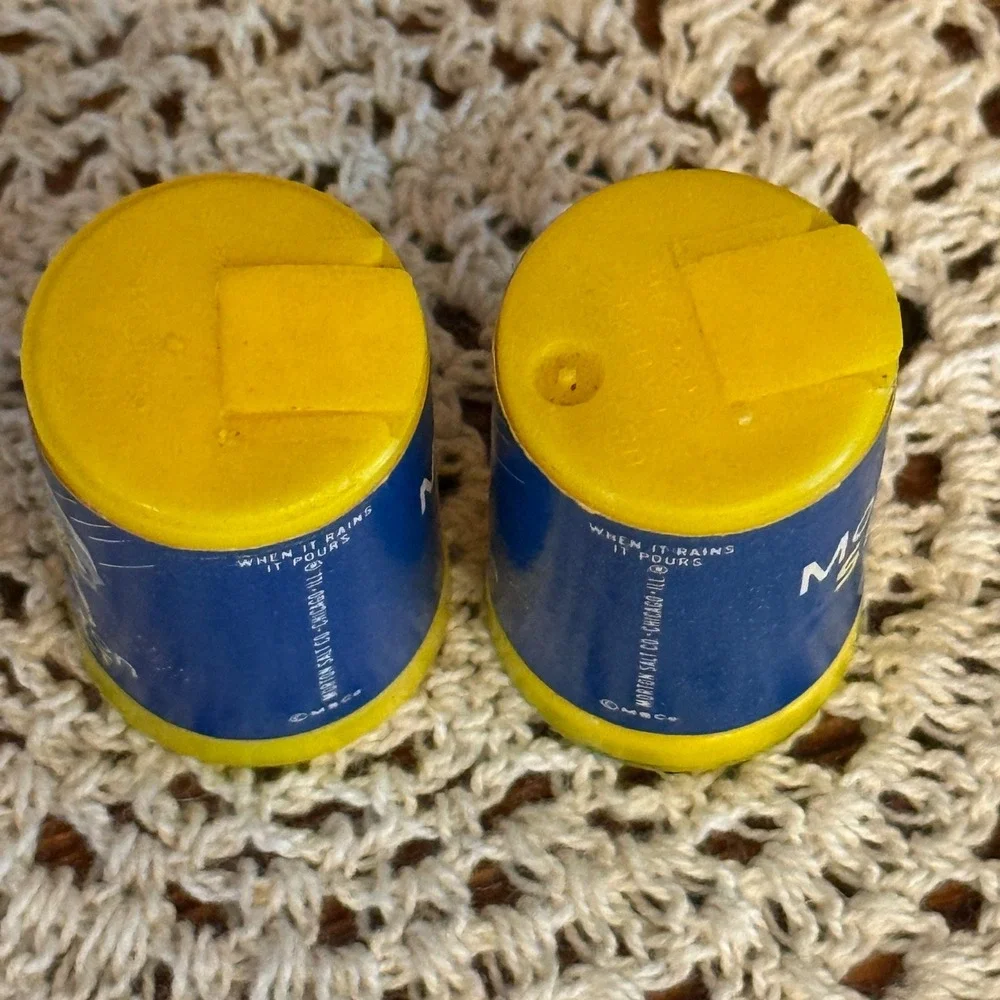 Morton Salt Miniature Shakers Set of 2 Blue Yellow Vintage 1.5in Advertising USA